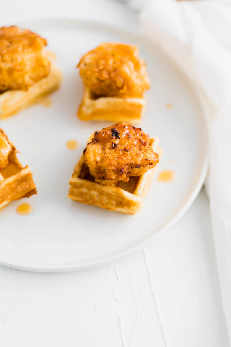 fried turkey and waffle bites on a plate